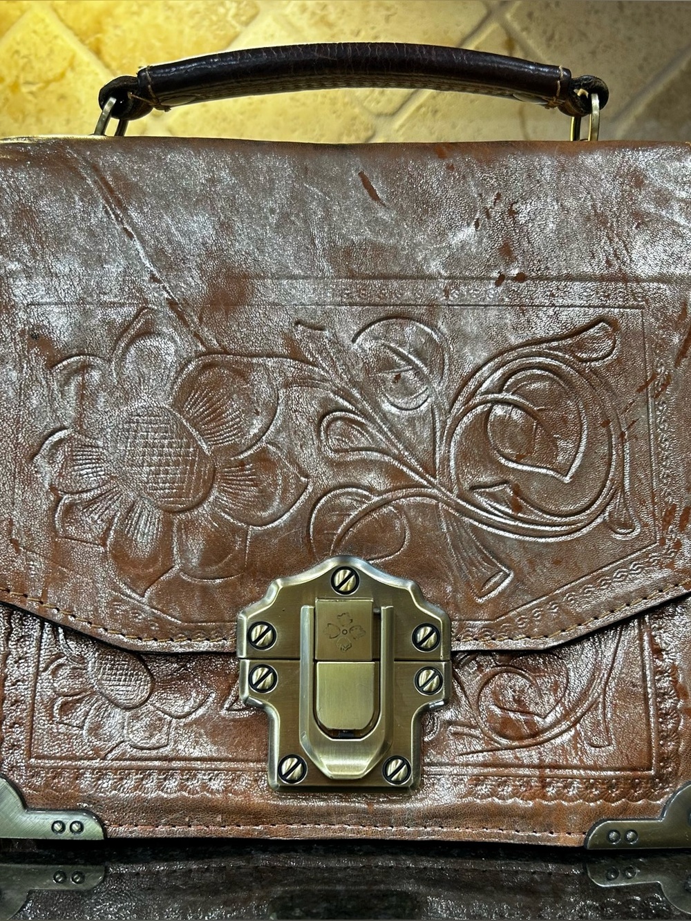 Patricia Nash Burnished Gold Tooled Leather Lanza Crossbody Bag